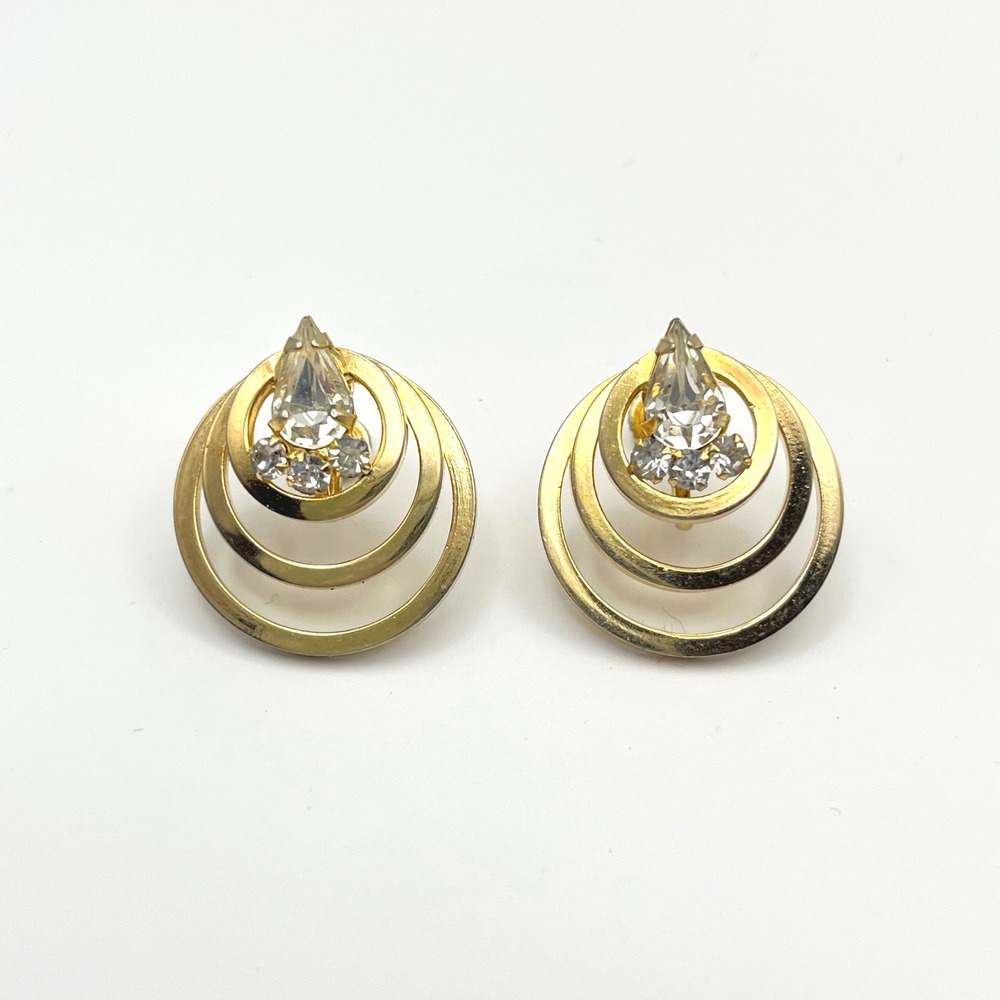 Gold Tone Screw Back Dangle Earrings Crystal Accents